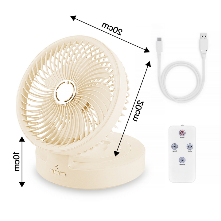 USB Rechargeable Auto-Oscillation Cordless Fan with Remote & Night Light