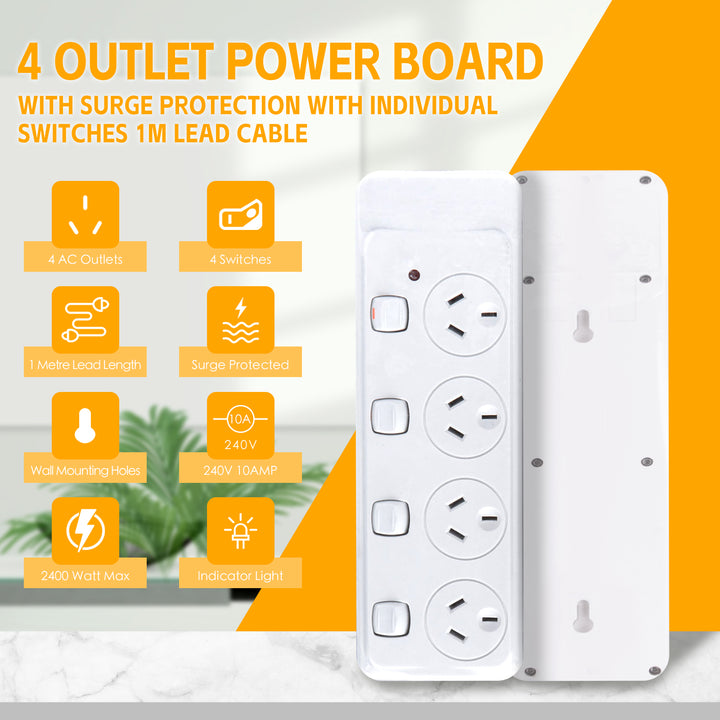 4 Outlet Power Board With Surge Protection with Individual Switches 1M Lead Cable