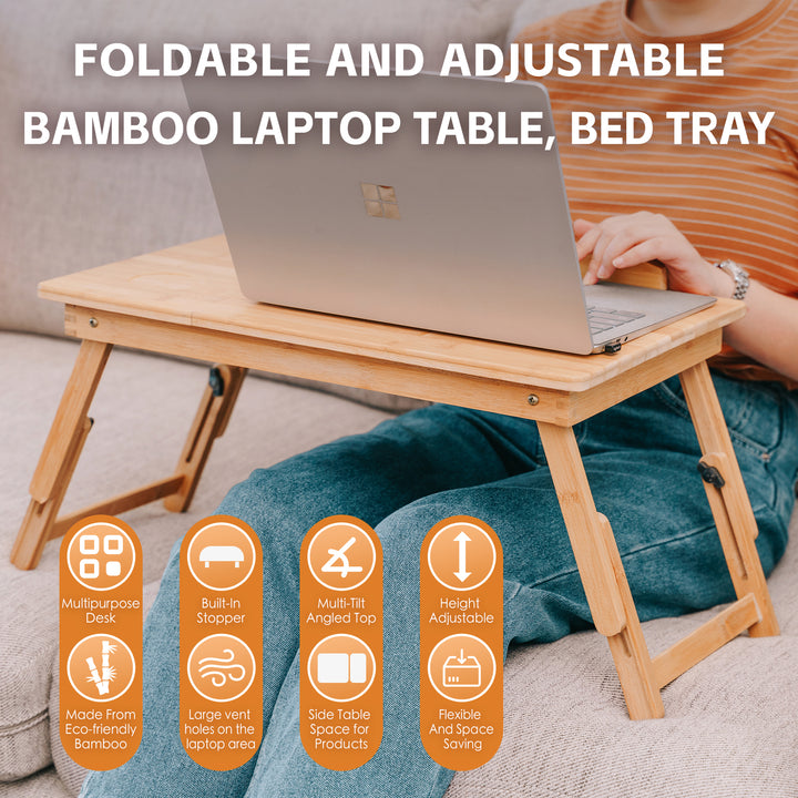 Foldable and Adjustable Bamboo Laptop Table, Bed Tray