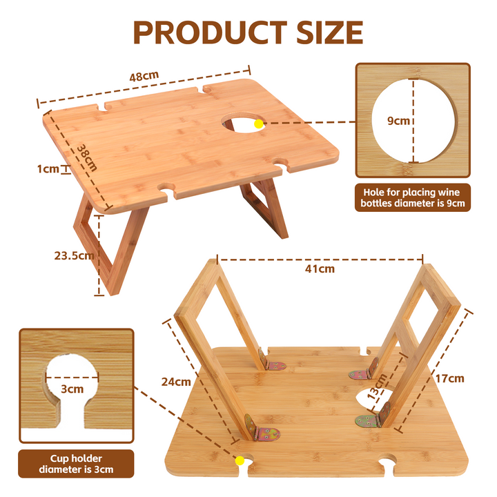 Bamboo Foldable Picnic Table Tray with Wine and Glass Holders