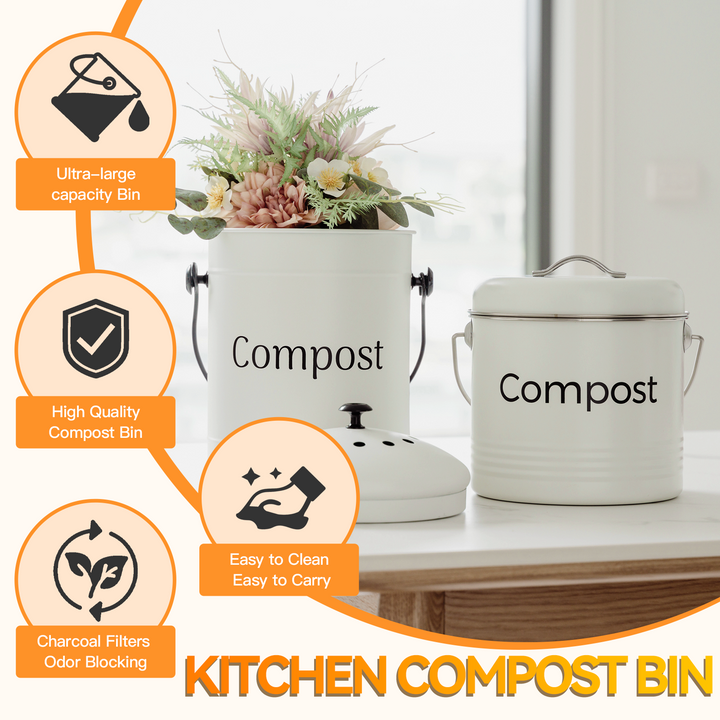 3.5L Kitchen Bench Compost Bin with 6 Replacement Activated Carbon Filters