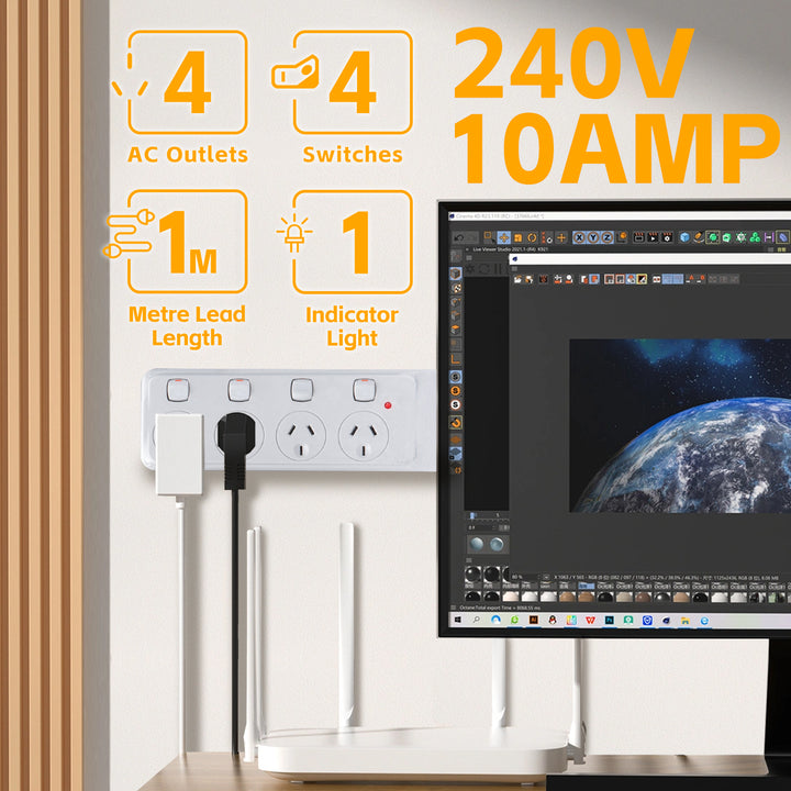 4 Outlet Power Board With Surge Protection with Individual Switches 1M Lead Cable