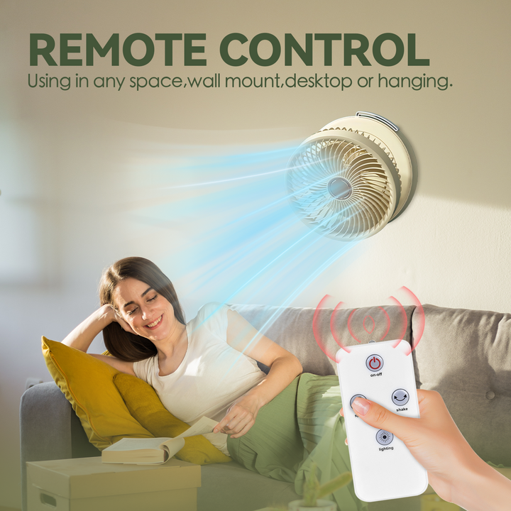 USB Rechargeable Auto-Oscillation Cordless Fan with Remote & Night Light