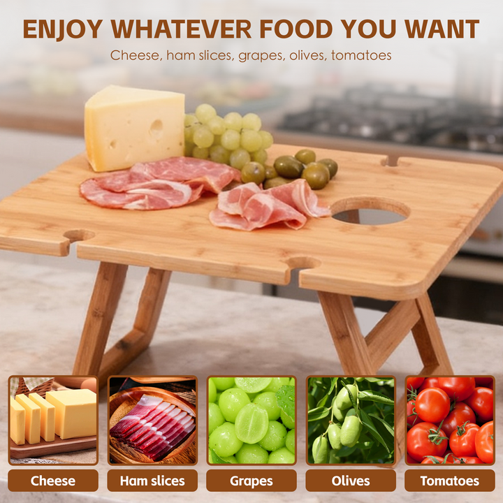 Bamboo Foldable Picnic Table Tray with Wine and Glass Holders