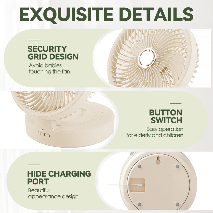 USB Rechargeable Auto-Oscillation Cordless Fan with Remote & Night Light