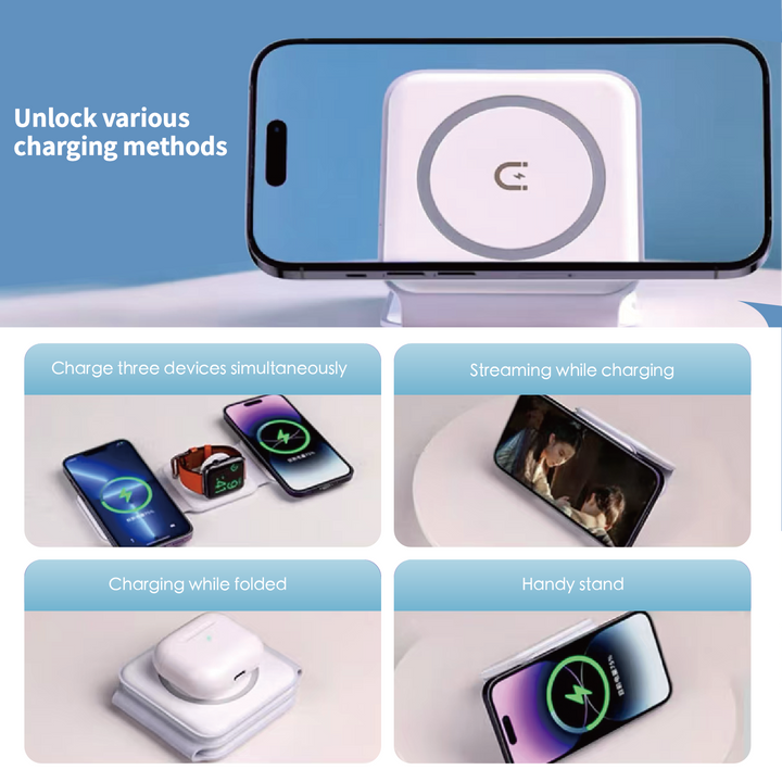 3 in 1 Wireless 15W Qi Fast Charging Foldable Station for Apple Mag Safe