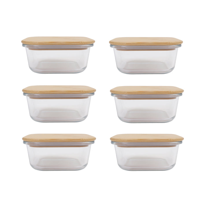 6 Pcs Medium Bamboo Food Containers – Clear Glass with Bamboo Lids