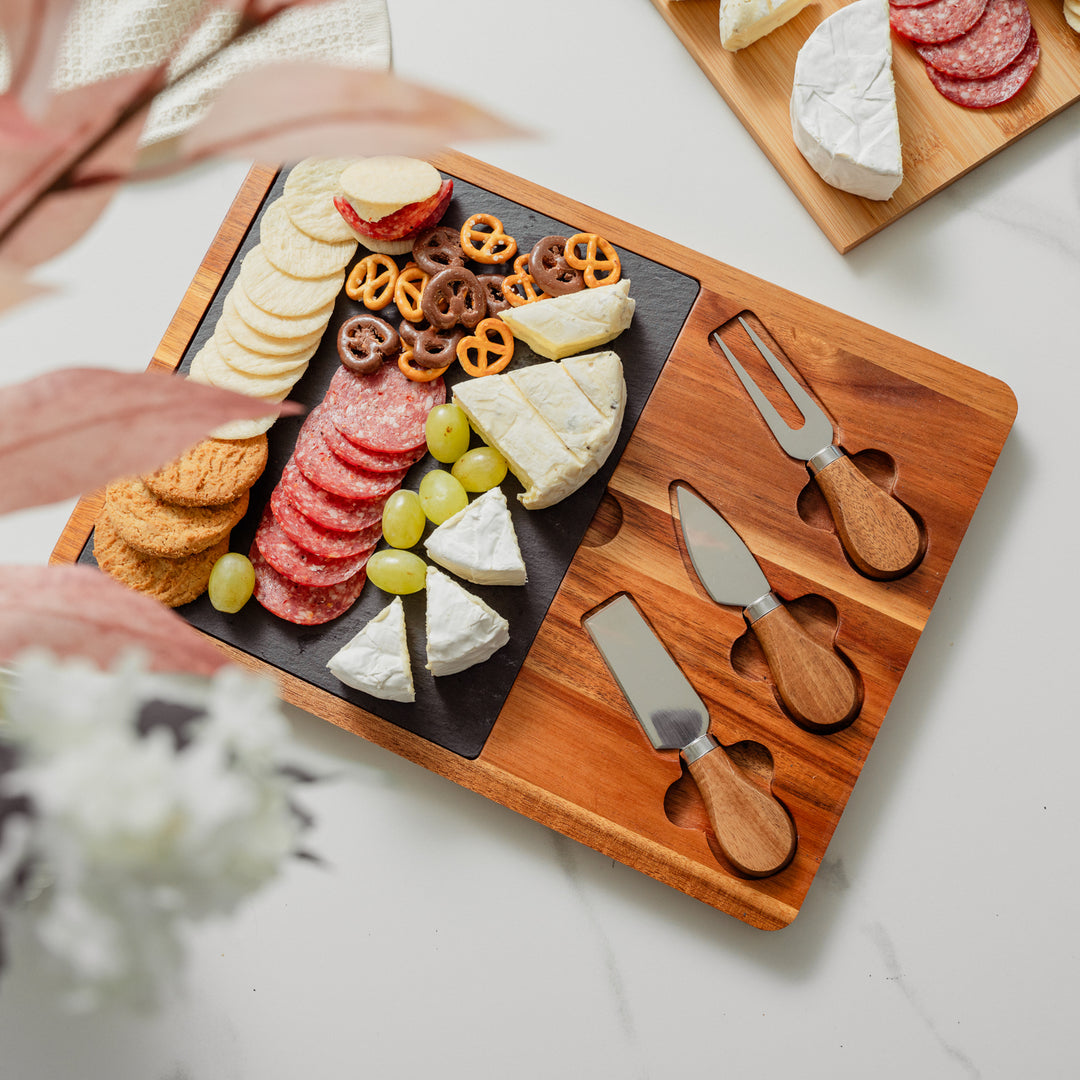 Elevate Your Hosting Game with the Clevinger 4-Piece Acacia Wood & Slate Cheese Board with Knife Set