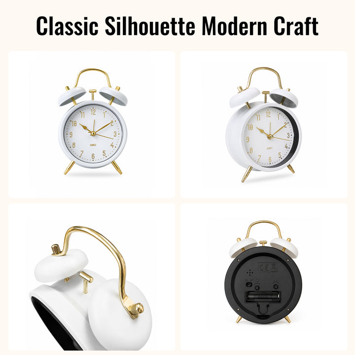 Clevinger Classic White &amp; Gold Twin Bell Alarm Clock | 16cm