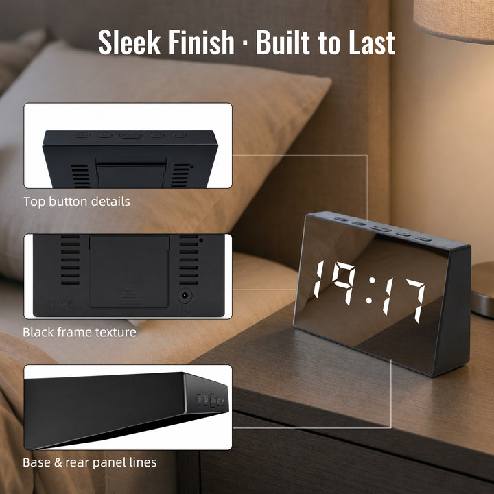 Clevinger Black LED Mirror Alarm Clock with Snooze | 13cm