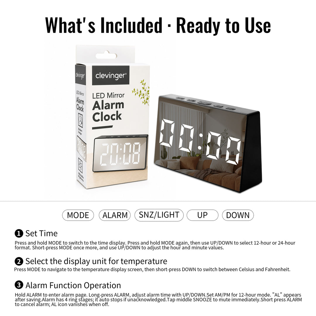 Clevinger Black LED Mirror Alarm Clock with Snooze | 13cm