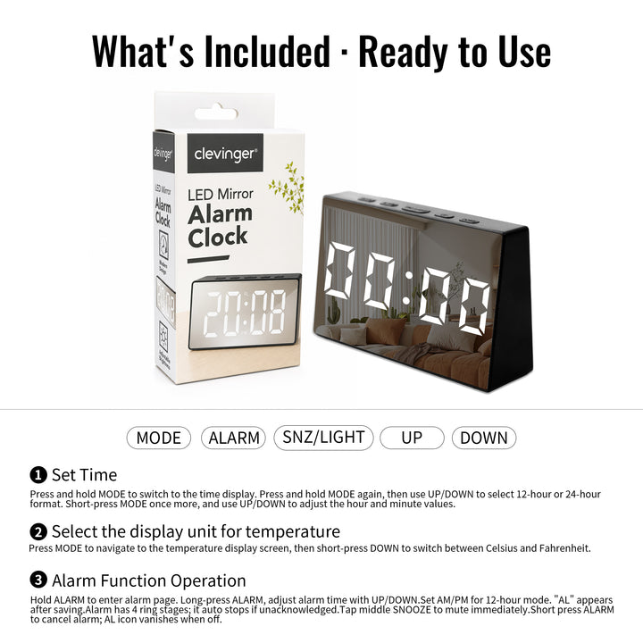 Clevinger Black LED Mirror Alarm Clock with Snooze | 13cm