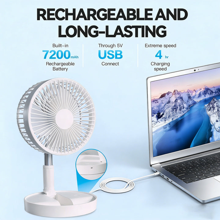 Folding Telescopic 4.5W Portable Height/Tilt Adjustable Rechargeable Cordless Fan