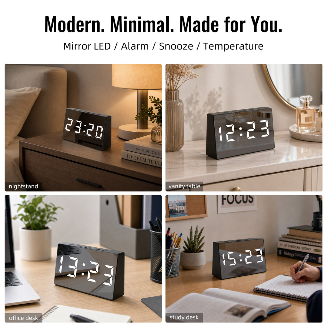 Clevinger Black LED Mirror Alarm Clock with Snooze | 13cm
