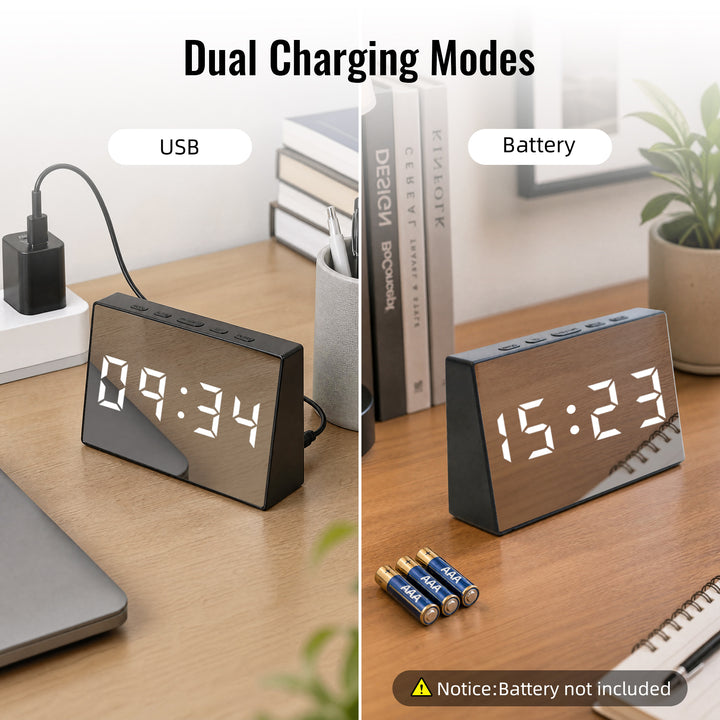 Clevinger Black LED Mirror Alarm Clock with Snooze | 13cm