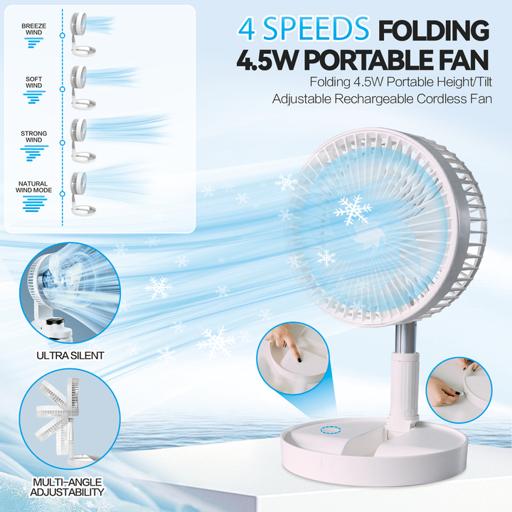 Folding Telescopic 4.5W Portable Height/Tilt Adjustable Rechargeable Cordless Fan