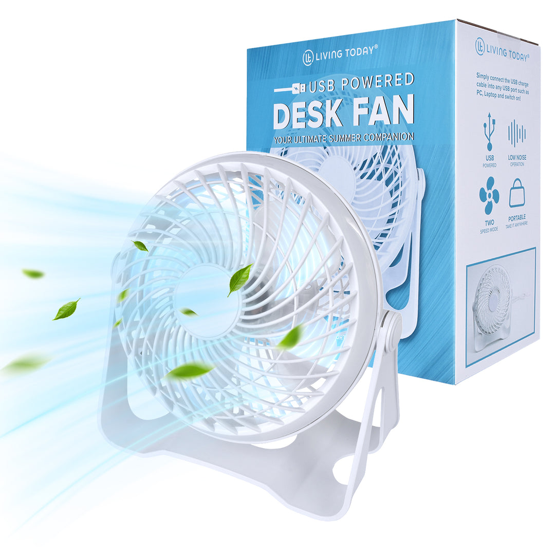 USB Powered Desk Fan – Portable 2-Speed Adjustable Angle Cooling Fan (White)
