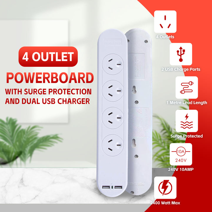 4 Outlet Powerboard With Surge Protection and Dual USB Charger