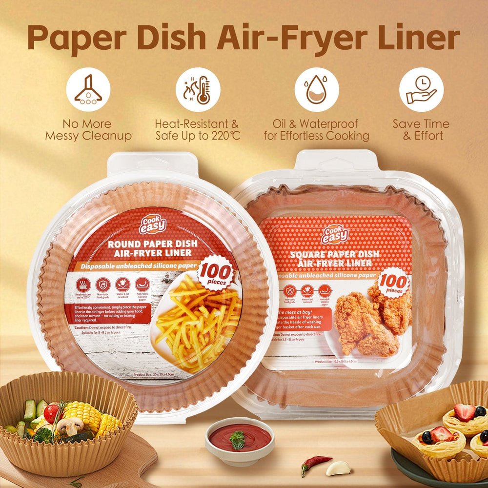 COOK EASY Air Fryer Liner 200 Pcs Disposable Unbleached Silicone Paper Dish Air-fryer Liner (100 small square + 100 large square)