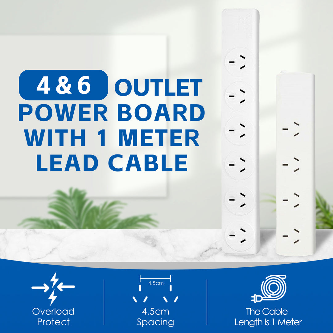 6 Outlet Power Board With Overload Protection 1M Lead Cable