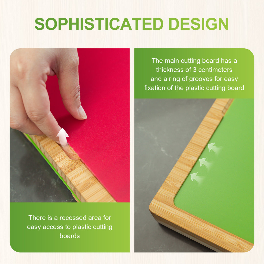 Bamboo Chopping Board with 5 Pcs Color-Coded Flexible Cutting Mats