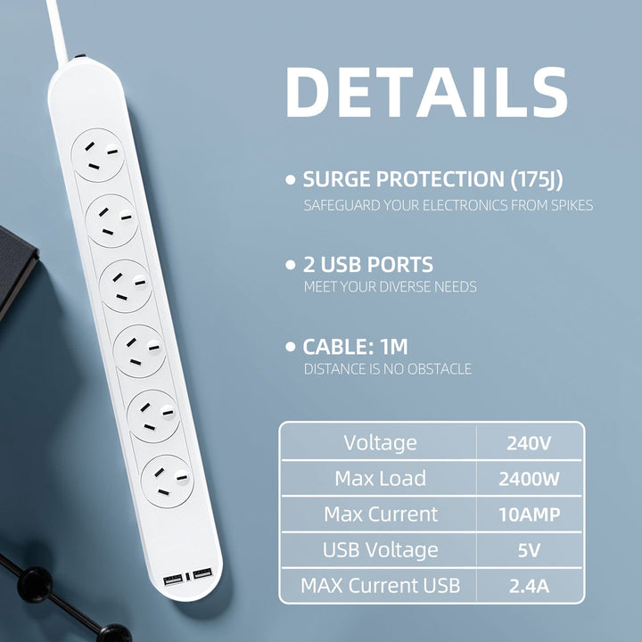 6 Outlet Powerboard With Surge Protection and Dual USB Charger 1M Lead Cable
