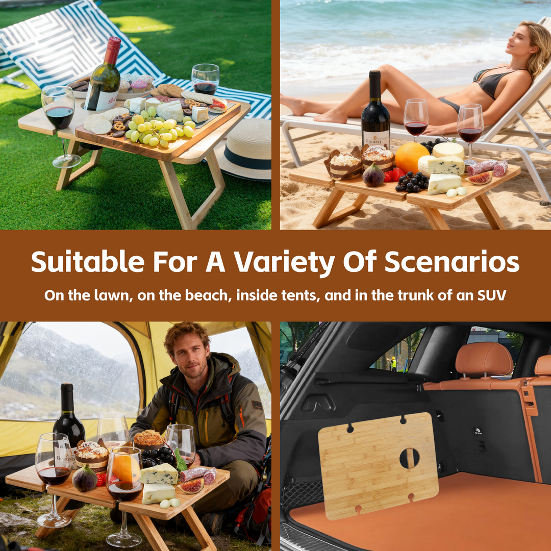 Bamboo Foldable Picnic Table Tray with Wine and Glass Holders