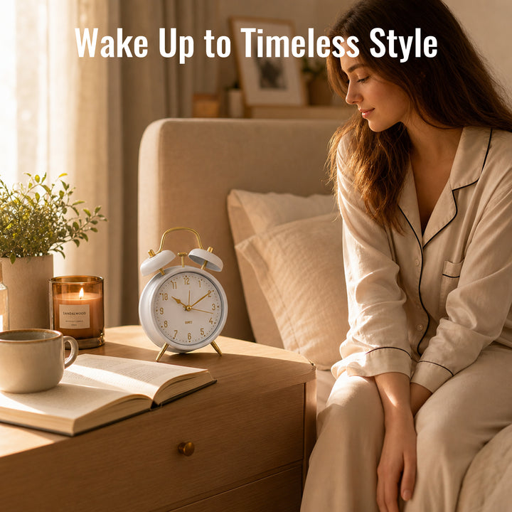 Clevinger Classic White &amp; Gold Twin Bell Alarm Clock | 16cm