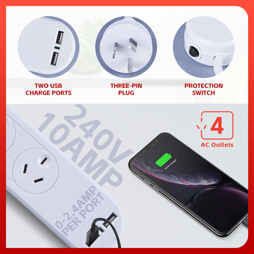 4 Outlet Powerboard With Surge Protection and Dual USB Charger