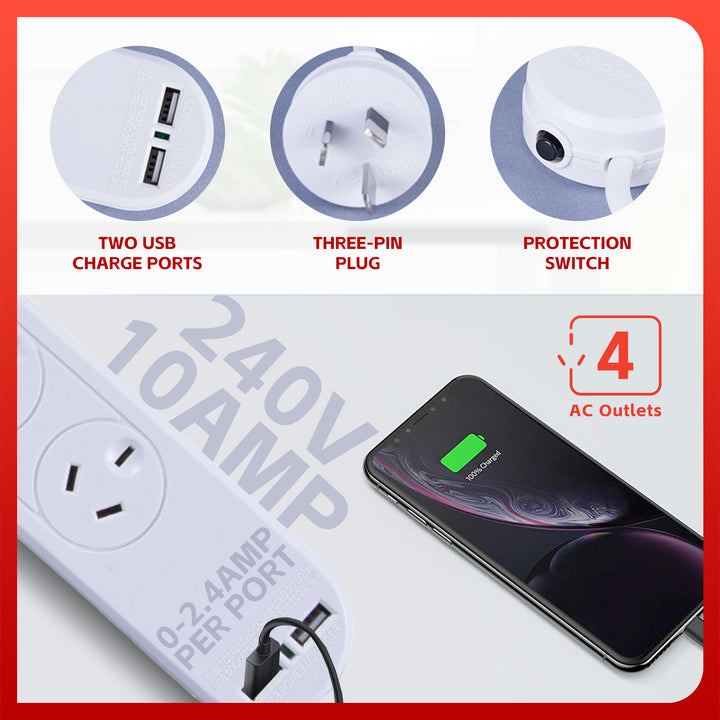 4 Outlet Powerboard With Surge Protection and Dual USB Charger