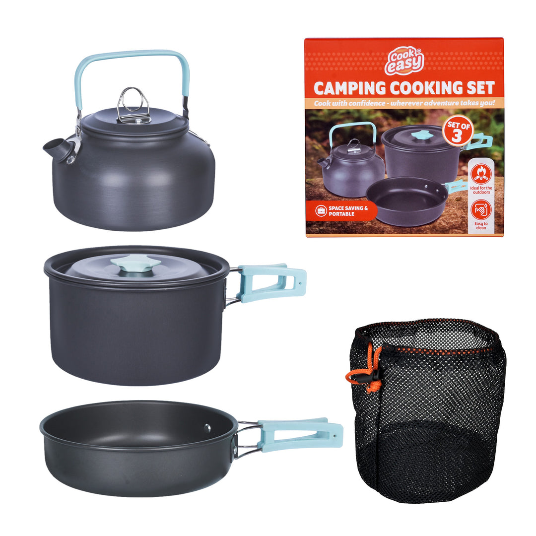 3Pcs Camping Cooking Set – Lightweight Anodised Aluminium Outdoor Cookware Kit with Heat-Resistant Handles