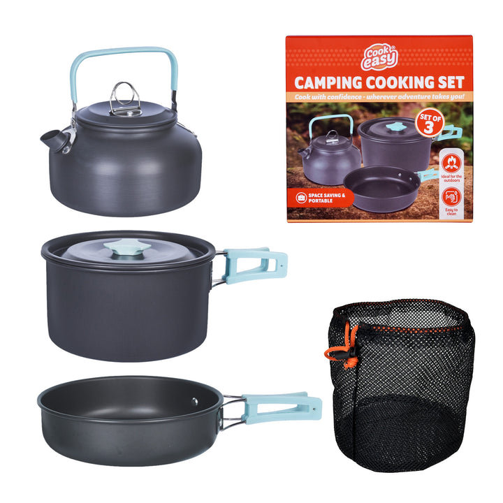 3Pcs Camping Cooking Set – Lightweight Anodised Aluminium Outdoor Cookware Kit with Heat-Resistant Handles