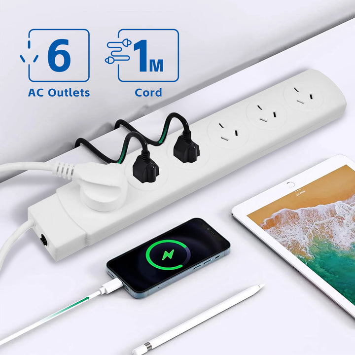 6 Outlet Power Board With Overload Protection 1M Lead Cable