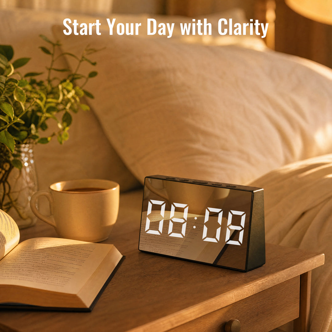 Clevinger Black LED Mirror Alarm Clock with Snooze | 13cm