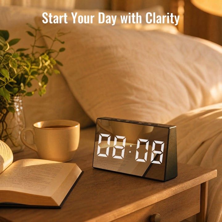 Clevinger Black LED Mirror Alarm Clock with Snooze | 13cm