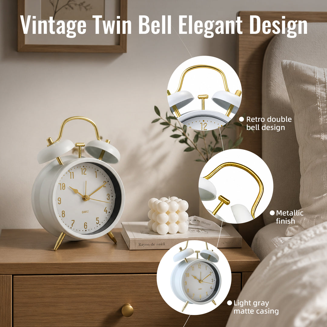 Clevinger Classic White &amp; Gold Twin Bell Alarm Clock | 16cm