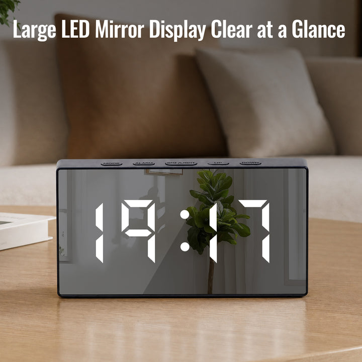 Clevinger Black LED Mirror Alarm Clock with Snooze | 13cm