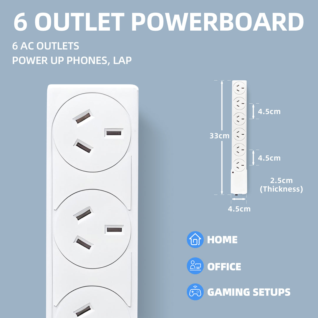 6 Outlet Power Board With Surge Protection 1M Lead Cable