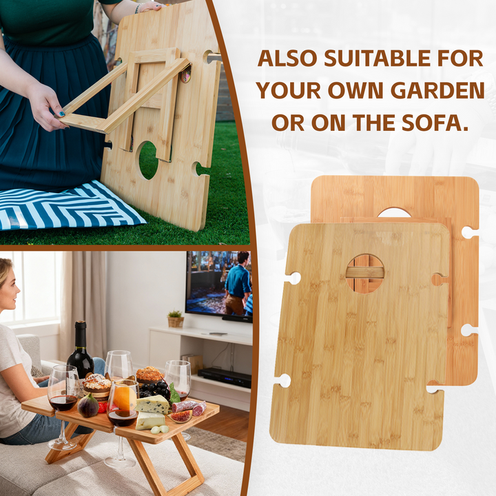 Bamboo Foldable Picnic Table Tray with Wine and Glass Holders