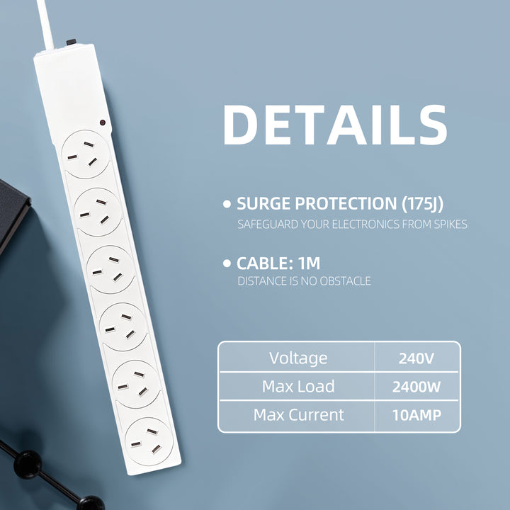 6 Outlet Power Board With Surge Protection 1M Lead Cable