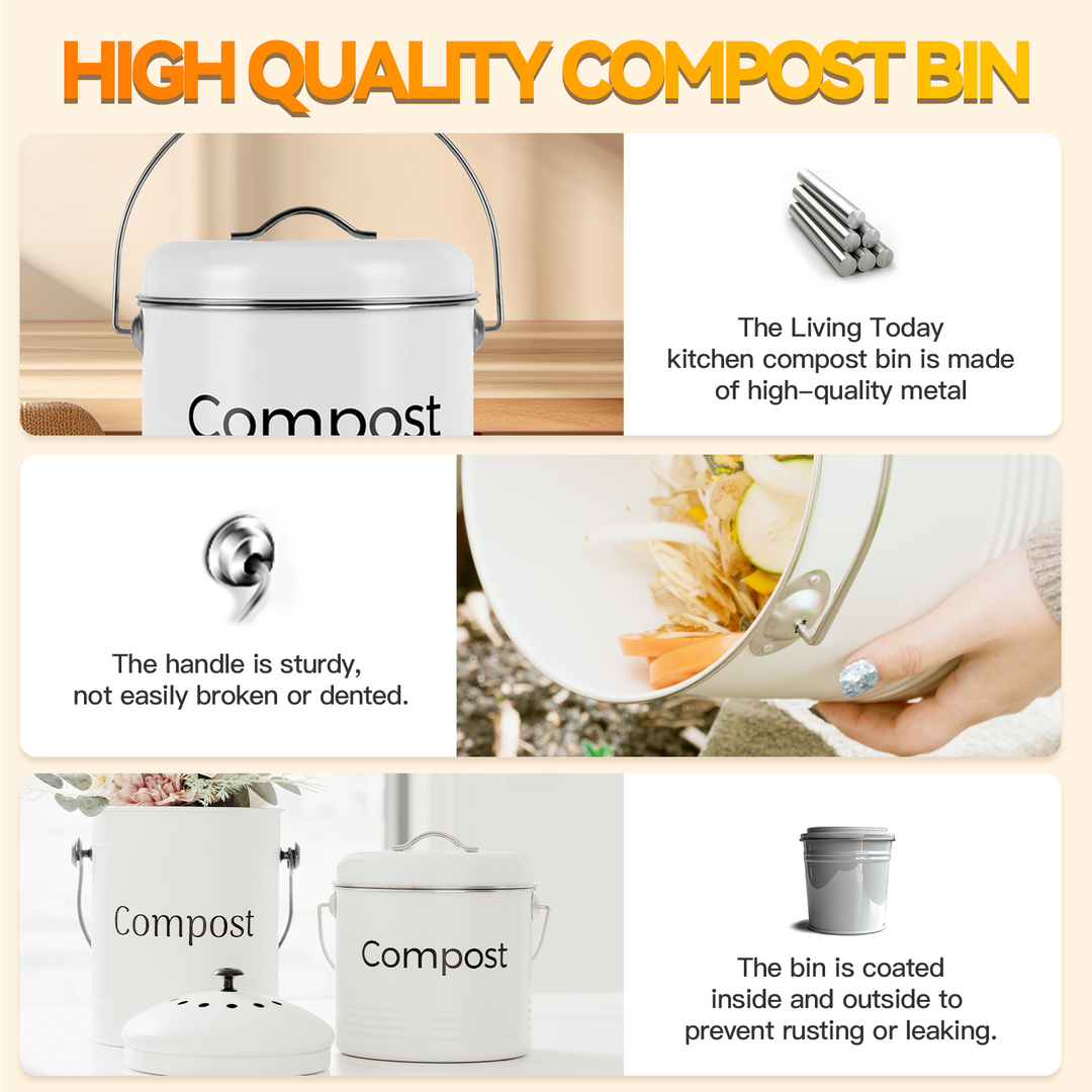 3.5L Kitchen Bench Compost Bin with 6 Replacement Activated Carbon Filters