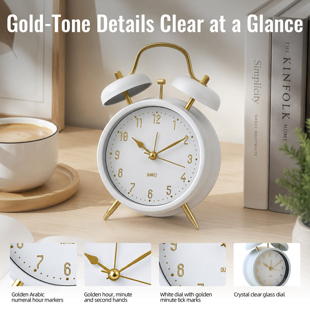 Clevinger Classic White &amp; Gold Twin Bell Alarm Clock | 16cm
