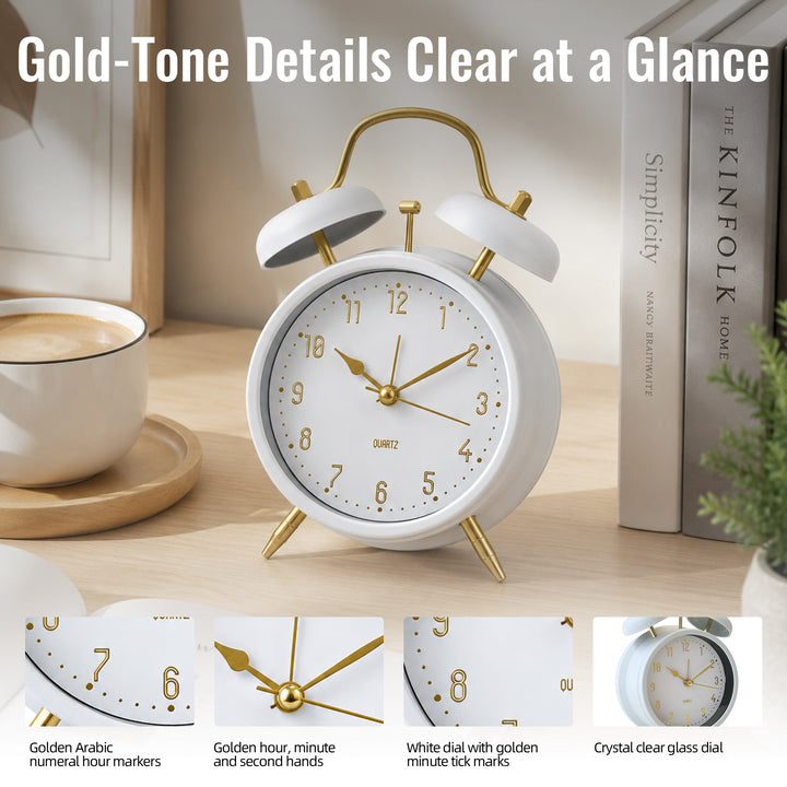 Clevinger Classic White &amp; Gold Twin Bell Alarm Clock | 16cm