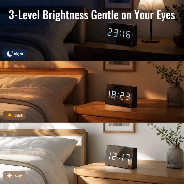 Clevinger Black LED Mirror Alarm Clock with Snooze | 13cm
