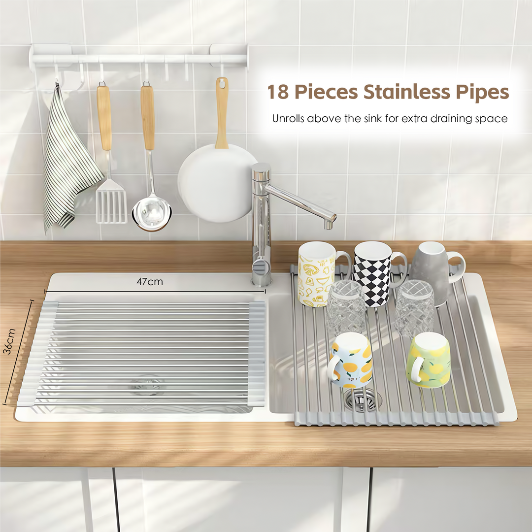 Silver Over Sink Draining Rack with Anti-Slip Grips