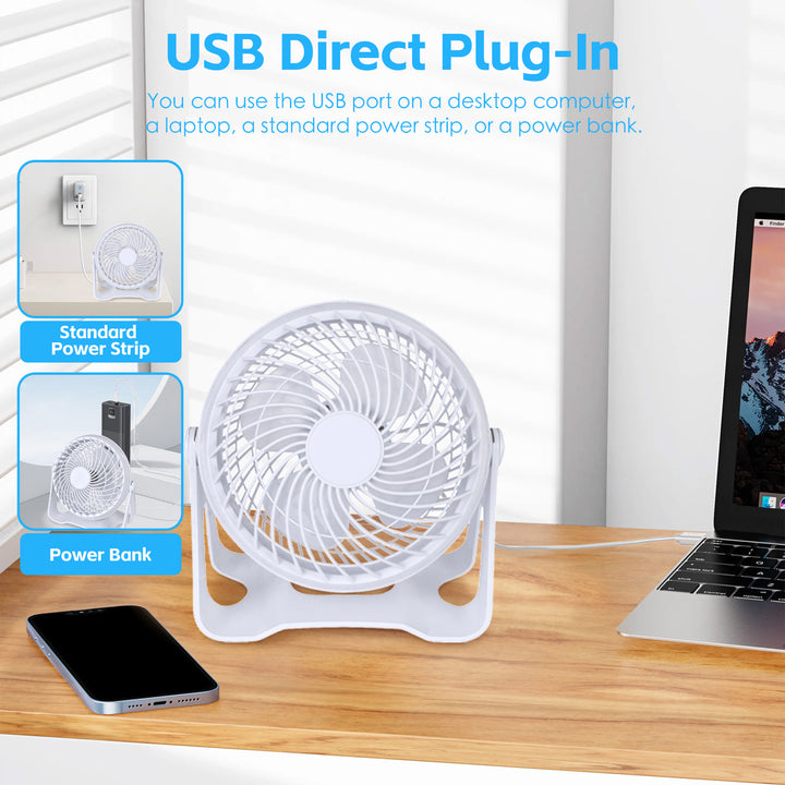 USB Powered Desk Fan – Portable 2-Speed Adjustable Angle Cooling Fan (White)