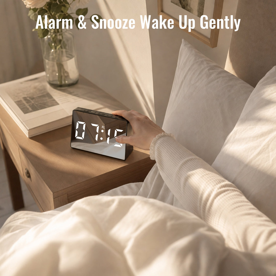 Clevinger Black LED Mirror Alarm Clock with Snooze | 13cm