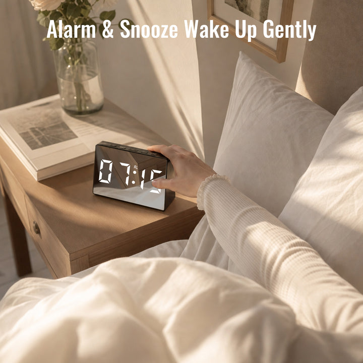 Clevinger Black LED Mirror Alarm Clock with Snooze | 13cm