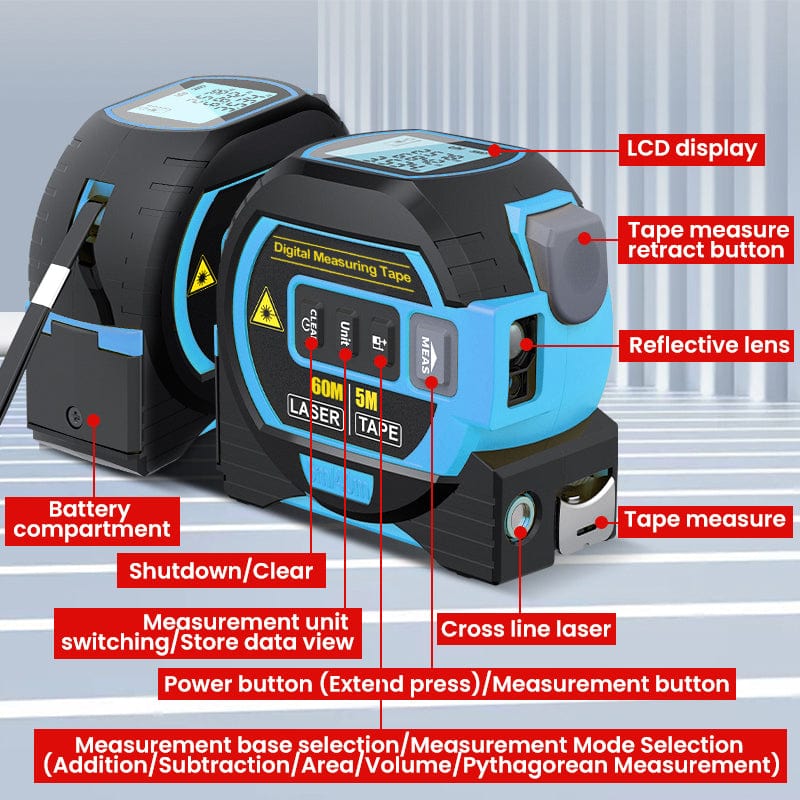 Living Today laser tape measure 60m Laser Measure, Cross-line Laser Level, 5m Tape Measure Blue