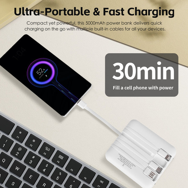 5000mAh Fast Charge Power Bank with 4 Built-in Cables and LED Lights